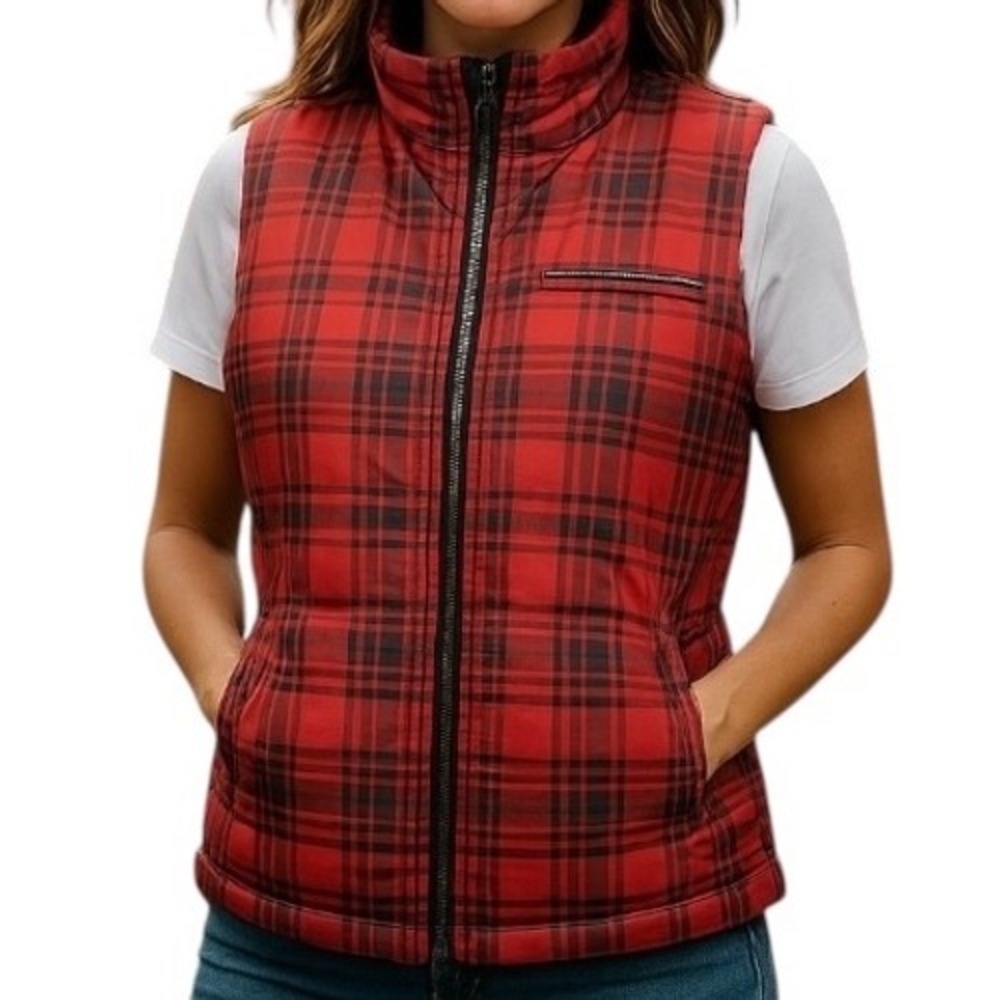 Lauren Ralph Lauren Women's Buffalo Plaid Zip Up Puffer Vest Black Red‎ Size P/M